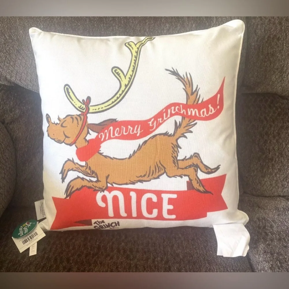 DR. SEUSS THE GRINCH THROW PILLOW 18” X 18”NAUGHTY OR NICE 2 SIDED EASY ZIP CASE